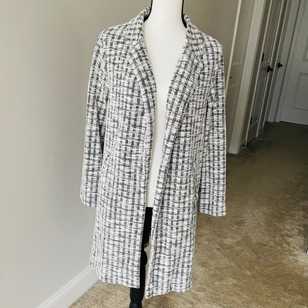 Melloday Black White Tweed Plaid Jacket Open Front Duster